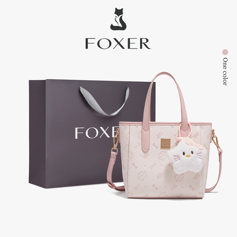 FOXER สีชมพูกระเป๋าถือ กระเป๋าสะพายข้างขนาดเล็ก ดีไซน์ลายนูน ลายแมว เหมาะสำหรับใช้เดินทางไปทำงาน