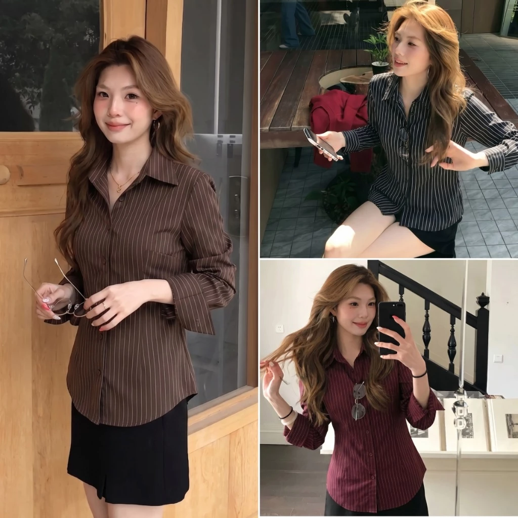cherryshop พร้อมส่ง เสื้อเชิ้ตแขนยาวลายทางสำหรับผู้หญิงแบบสง่างามและมีสไตล์ มีปกและกระดุมหลังเอวยางยืด ทรงสวย