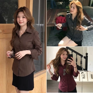 cherryshop พร้อมส่ง เสื้อเชิ้ตแขนยาวลายทางสำหรับผู้หญิงแบบสง่างามและมีสไตล์ มีปกและกระดุมหลังเอวยางยืด ทรงสวย