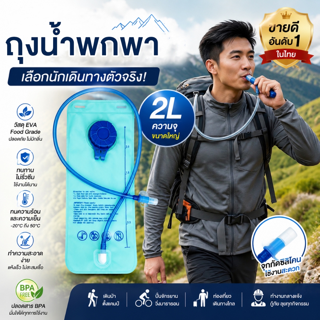 กระเพาะปัสสาวะไฮเดรชั่น 2 ลิตร ถอดออกได้ แบบพกพา สําหรับใส่น้ําดื่ม เล่นกีฬา วิ่ง ปั่นจักรยาน กลางแจ้ง