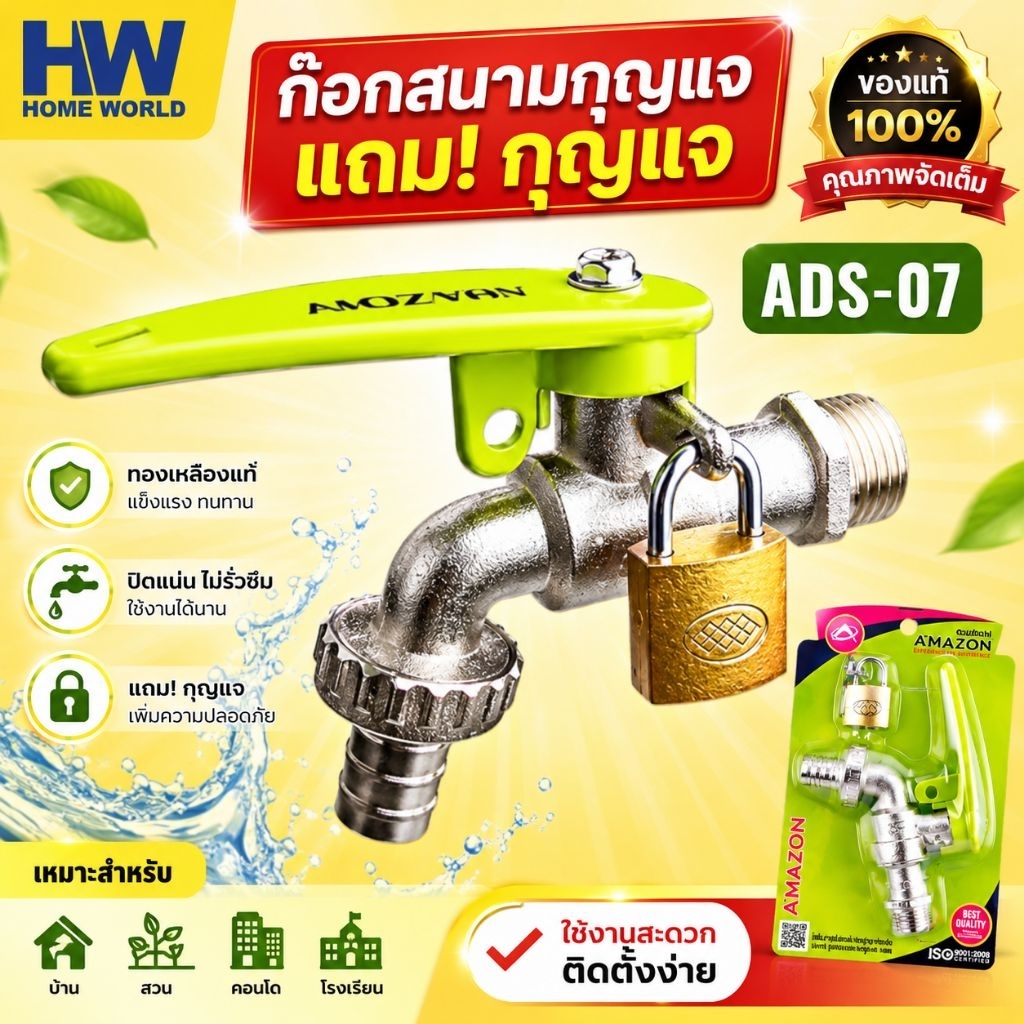 ก๊อกสนามกุญแจ 1/2" แถม!กุญแจ ADS-07 AMAZON ติดตั้งง่าย แข็งแรง ทนทานไม่เป็นสนิม