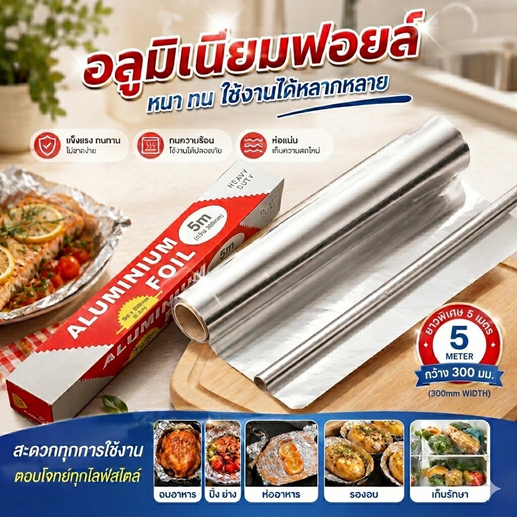 🥘✨ ฟอยล์ห่ออาหารอลูมิเนียม ขนาด 5 เมตร | ฟอยล์อบอาหารอเนกประสงค์ เหมาะสำหรับห่อ อบ ปิ้ง ย่าง