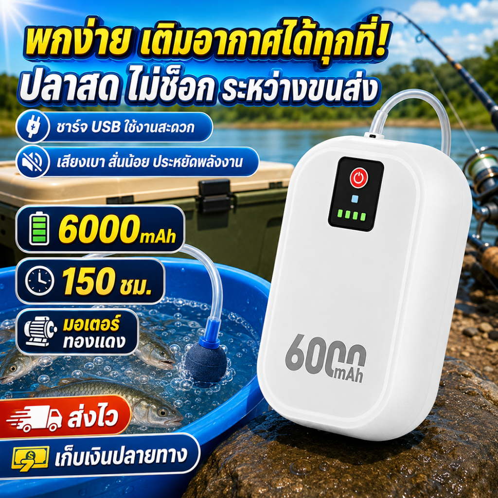 🔥อัพเกรดมอเตอร์คู่🔥6000mAhปั้มอ็อกซิเจน แบตเตอรี่ขนาดใหญ่ ใช้งานทนทาน ออกซิเจนตู้ปลา ปั้มอ็อกซิเจน