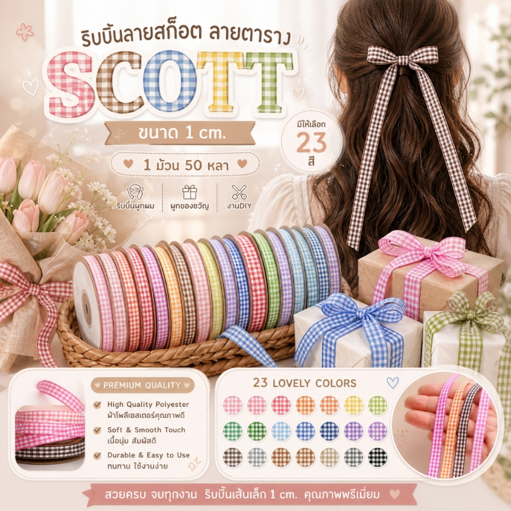 1 ม้วน【50 หลา】* ริบบิ้นลายสก็อต ลายตาราง ริบบิ้นSCOTT ขนาด 1 cm. ผูกของขวัญวันเกิด โบว์ผูกผม [RBR-0047]