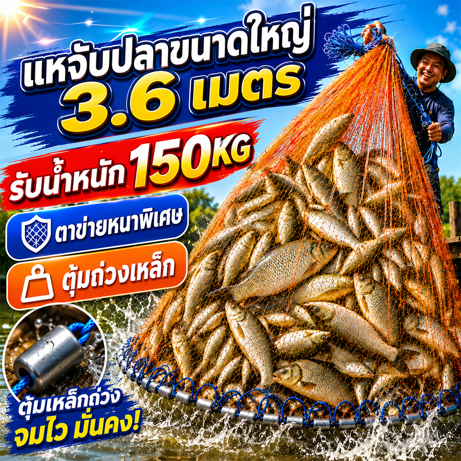 【หนาสองชั้น】ความจุแบริ่ง 150KG แหจับปลา แหฝรั่ง 2.7/3.6M แห พิเศษสำหรับบ่อปลากลางแจ้งและอ่างเก็บน้ำ