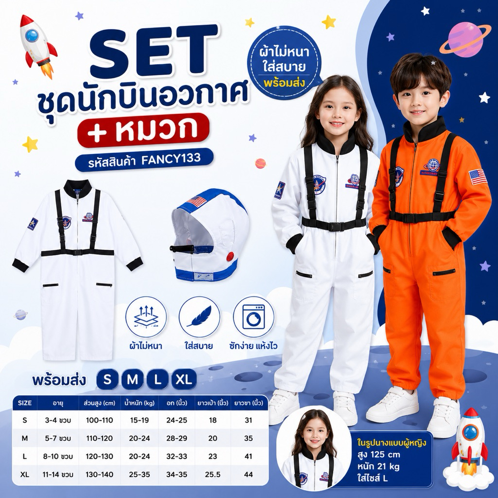 SET ชุดนักบินอวกาศ + หมวก (ชุดนักบินอวกาศเด็ก3-14ขวบ)