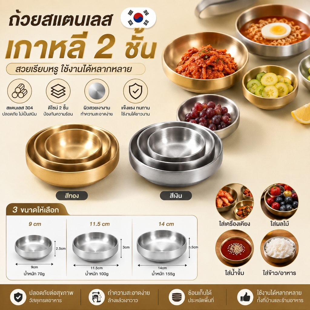 ชามสแตนเลส/จานกิมจิ/จานอาหารเล็ก/จานขนมขนมเล็ก มีฉนวนกันความร้อน สไตล์เกาหลี สำหรับใส่