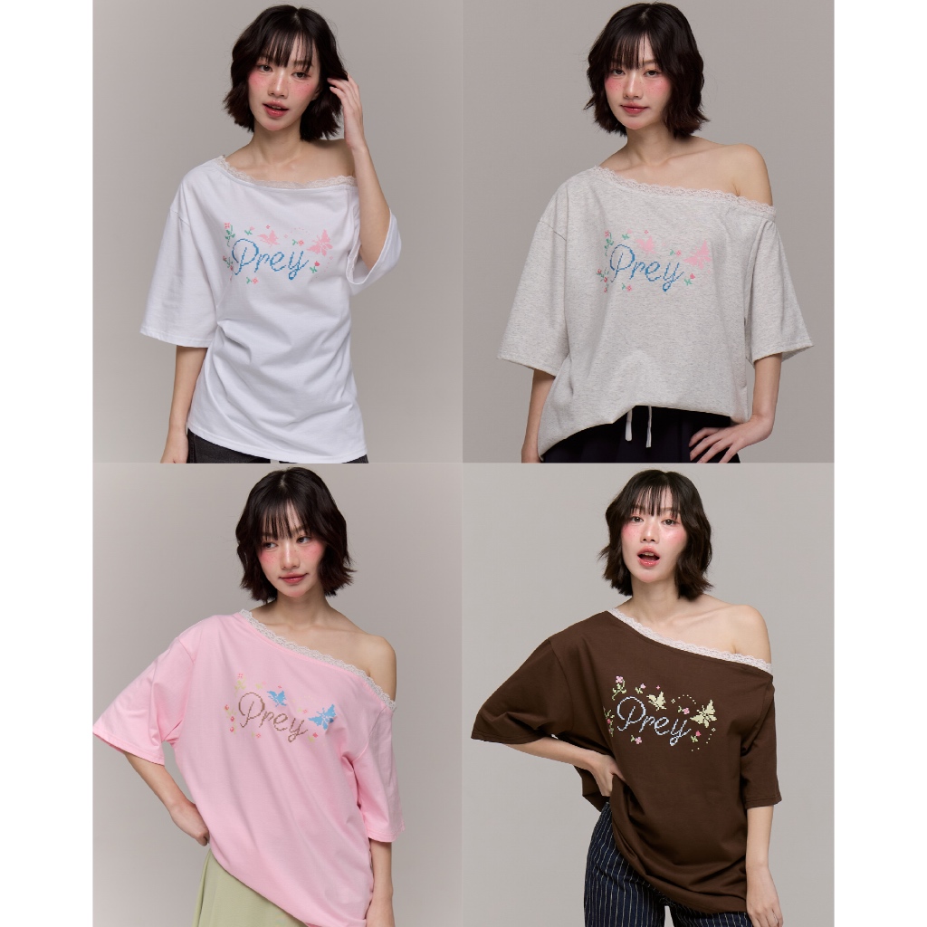 (พรีออเดอร์น้ำตาลส่ง10)prey เสื้อยืดปาดไหล่โอเวอไซส์ butter lace oversize off shoulder