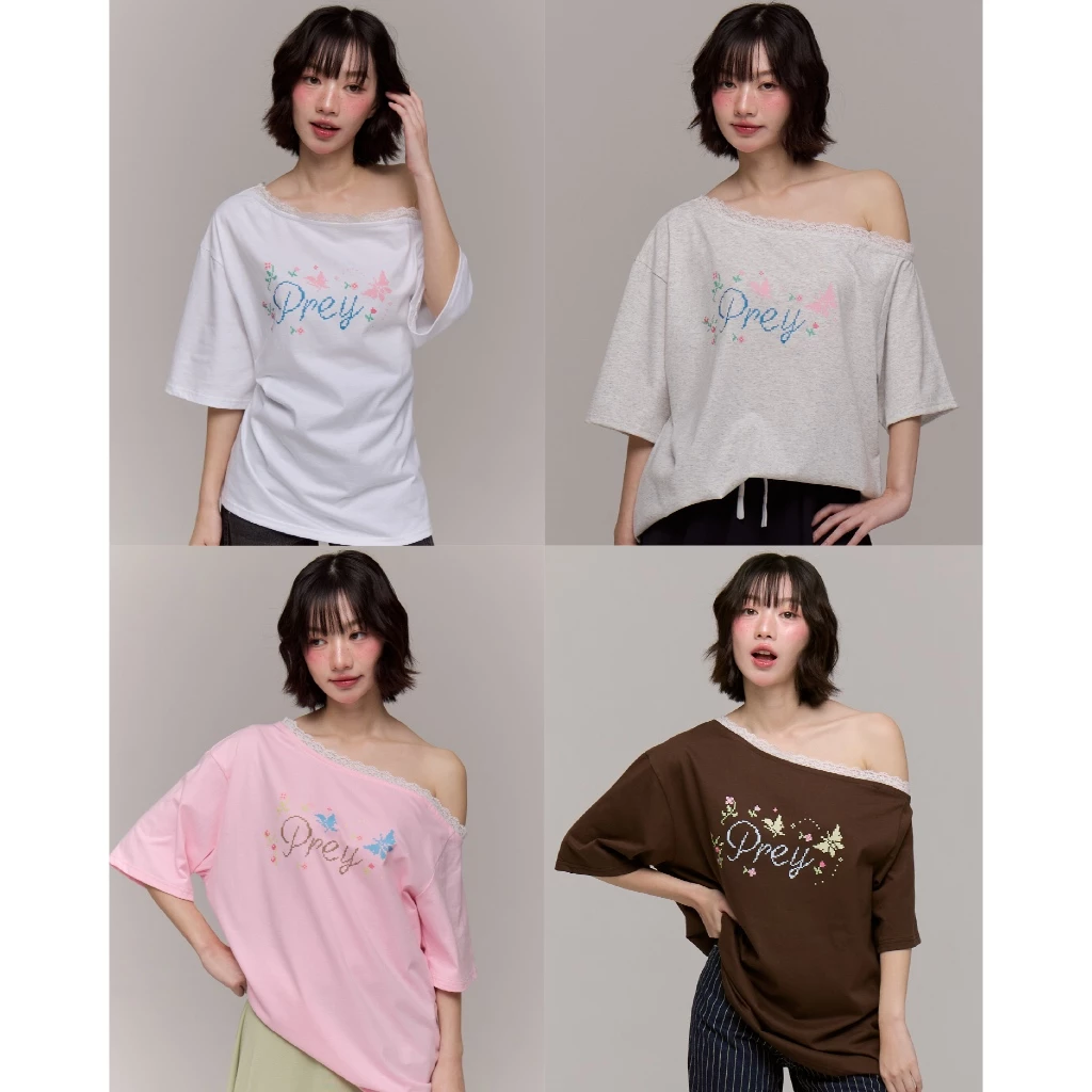 prey เสื้อยืดปาดไหล่โอเวอไซส์ butter lace oversize off shoulder