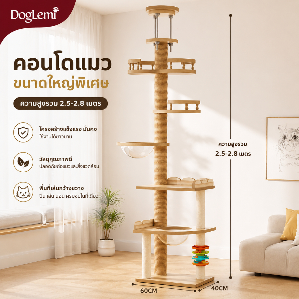 【Doglemi】คอนโดแมวสูงจรดเพดาน รุ่นพรีเมียม ปรับสูงได้ 2.5-2.8M ไม่ต้องเจาะผนัง เสาลับเล็บ บ้านแมว มินิมอล แข็งแรง พร้อมเ