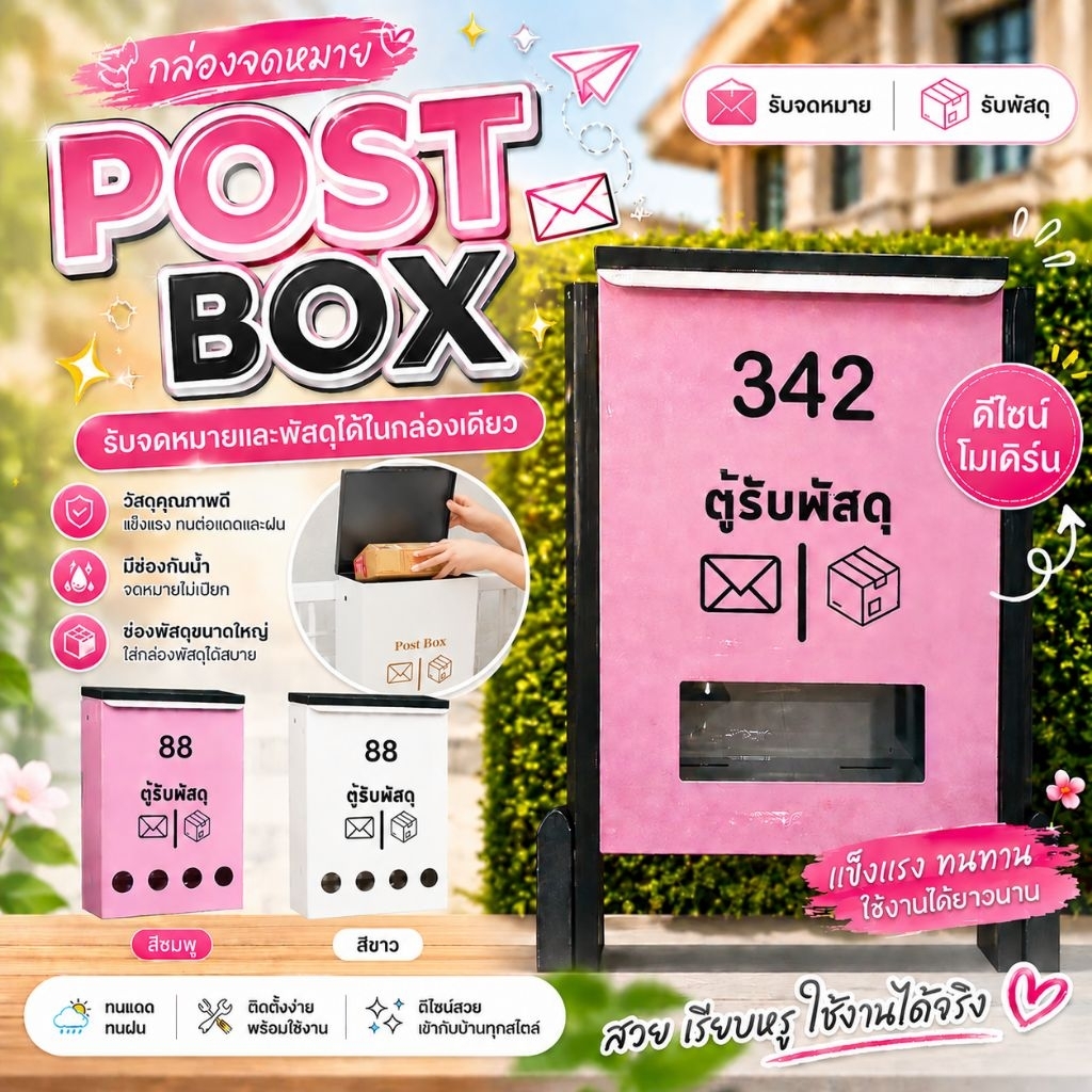 [ฟรี!! ติดเลขที่บ้าน] ตู้รับพัสดุ กันน้ำ สไตล์มินิมอล ใส่กล่อง+เอกสาร A4 ขนาดใหญ่ |  แขวนรั้ว แข็งแรง ไม่เป็นสนิม