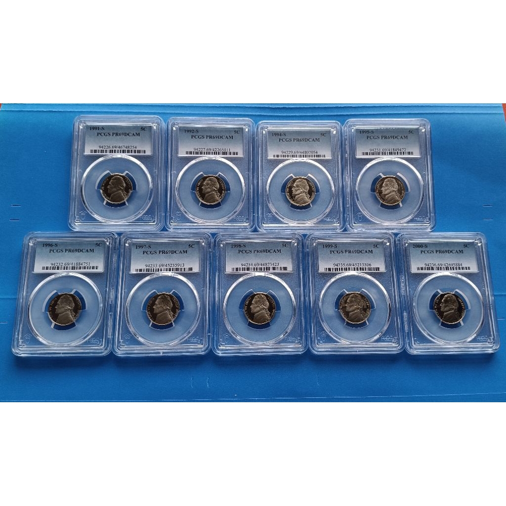 เหรียญเกรด PCGS PR 69 DACM - 5 Cents Jefferson Nickel Proof 1991-2000 #นิกเกิลขัดเงา คละปี  ทั้งหมด 