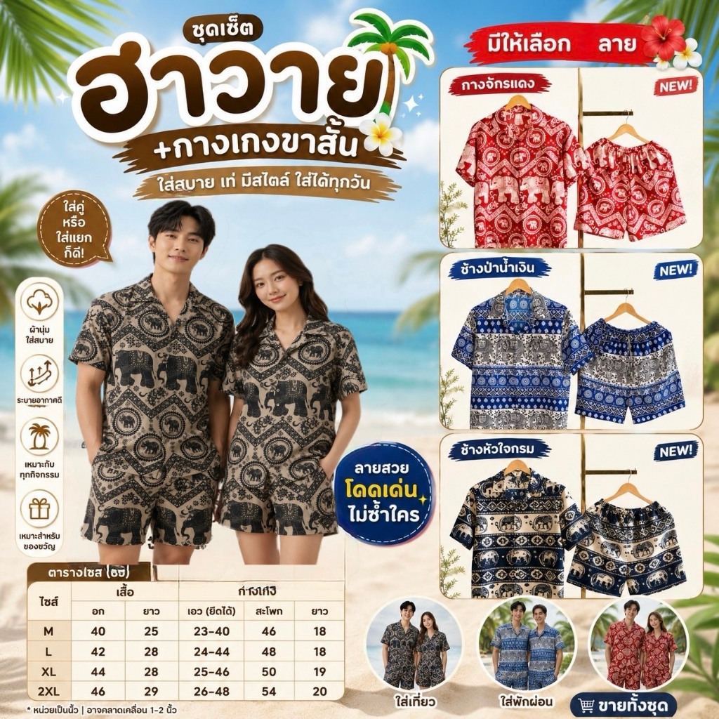 เสื้อฮาวาย+กางเกงขาสั้น เซ็ตมารุ ชุดคู่ ชุดครอบครัว ลายช้าง ผ้าไหมอิตาลี งานไทย