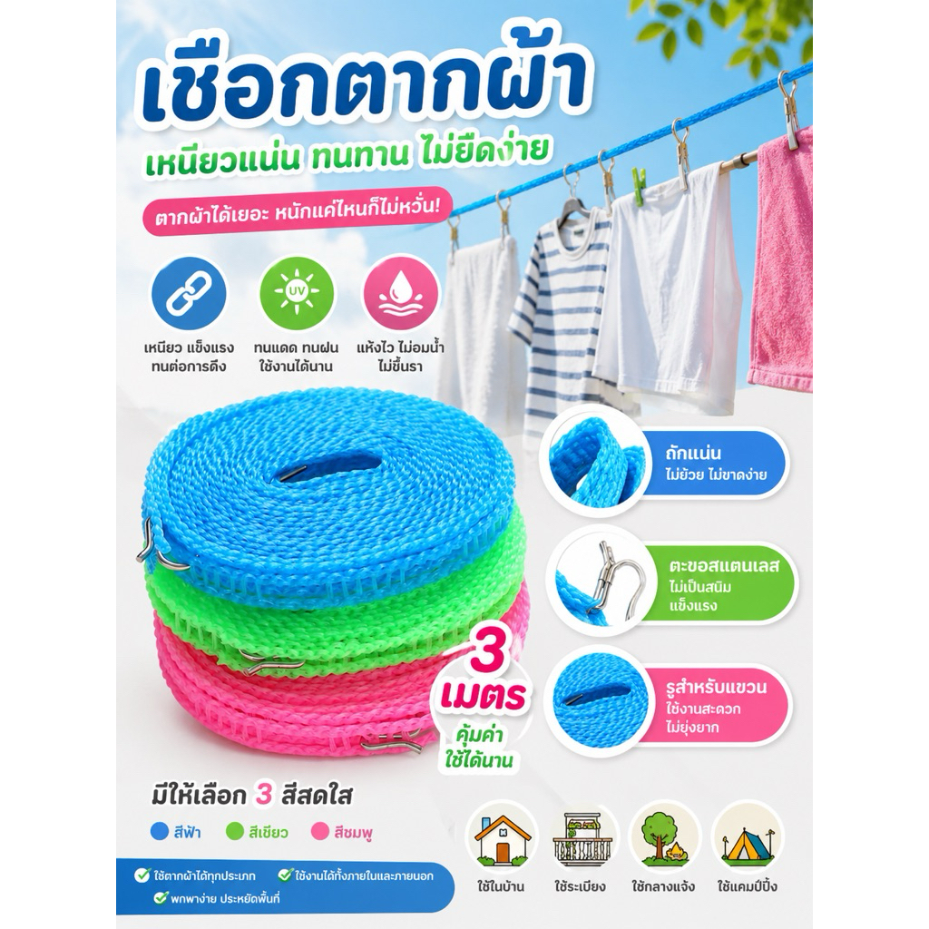 เชือกตากผ้าในลอนทีทนทาน🎉