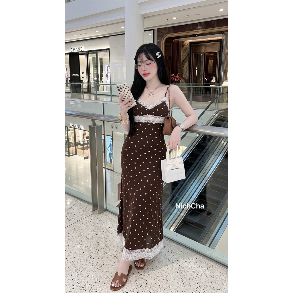#Nicha Dress Polkadot สีน้ำตาลแกลมๆผ้านำเข้าทั้งชุด ทรงสวยทรงเป๊ะ มีซับ สายปรับได้