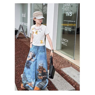 AY287 ชุดเด็กผู้หญิงแฟชั่น เสื้อยืดลายการ์ตูน + กางเกงยีนส์ลายหมี