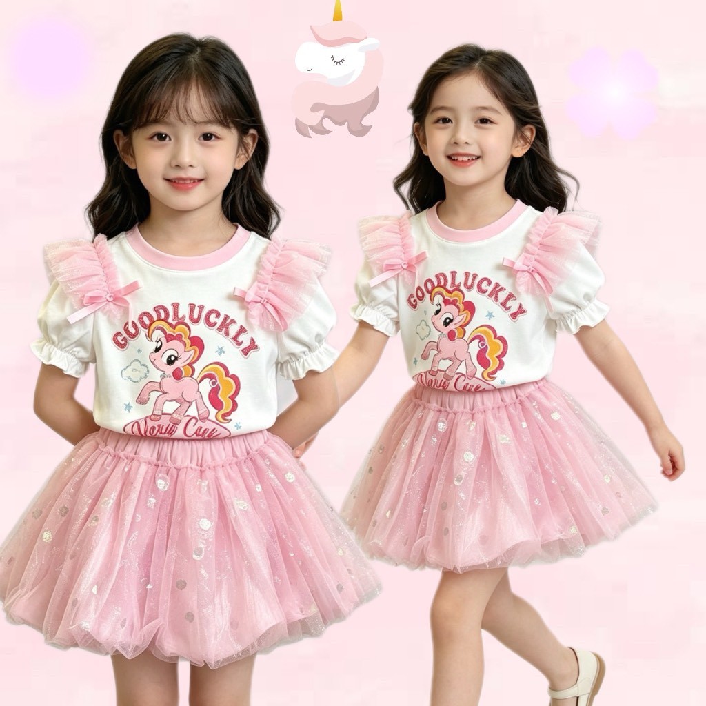 BB292  เซ็ตเสื้อกระโปรงเด็ก ลายโพนี่น่ารัก สีชมพูหวาน