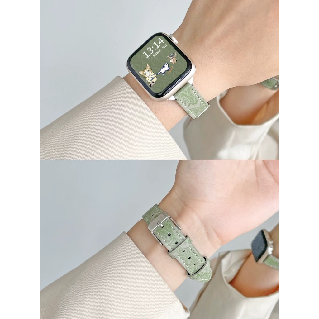 พร้อมส่ง สายหนัง PU เส้นเล็ก สีเขียวพิมพ์ลาย GC&BLใช้ได้กับ Smart Watch 11 10 9 8 7 6 5 4 3 2 1 Se U