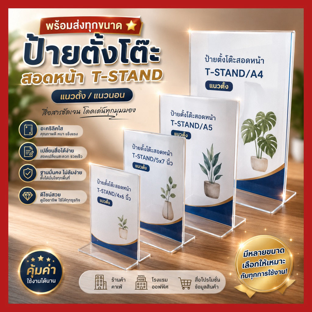 🌟พร้อมส่ง ป้ายตั้งโต๊ะ2หน้า(T)(แนวตั้ง/แนวนอน) อะคริลิคใส MADE IN THAILAND