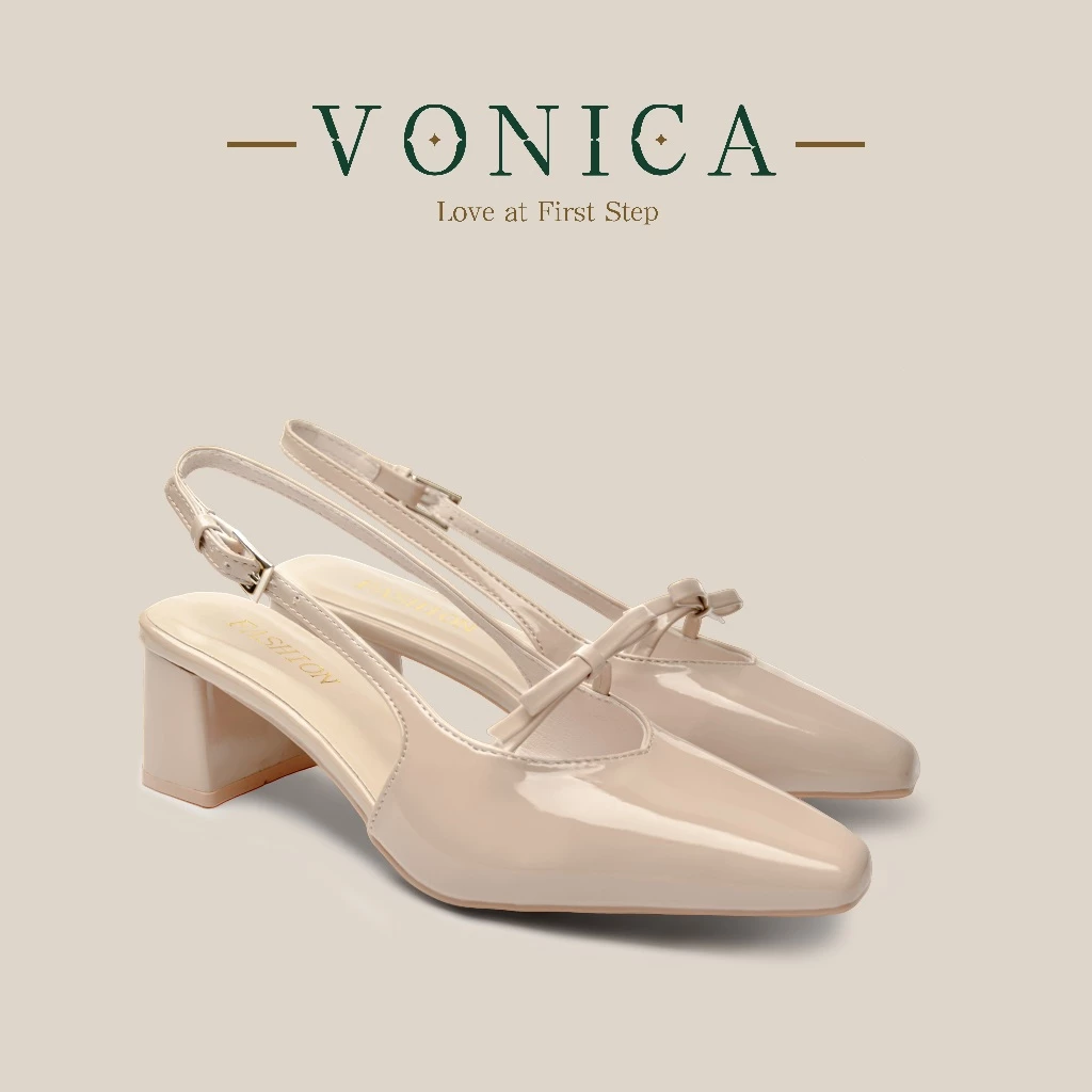 VONICA รองเท้าแตะผู้หญิงสไตล์เกาหลี หัวเหลี่ยม ส้นครึ่ง สีเนื้อเงา มีโบว์สวย เหมาะกับงานและวันออกไปเที่ยว