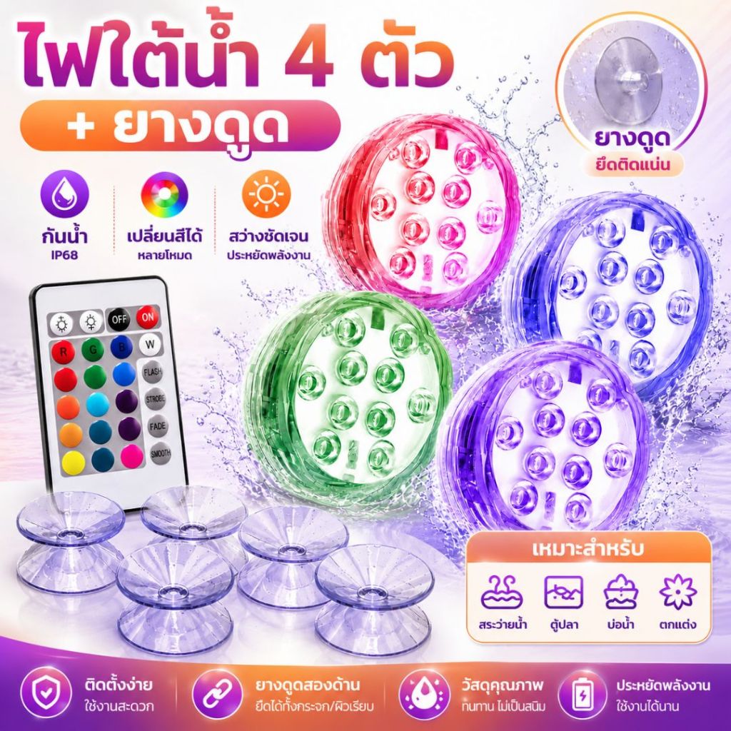ไฟใต้น้ำ ไฟสระว่ายน้ำ RGB LED กันน้ำ IP68 ตกแต่งในน้ำ สำหรับงานปาร์ตี้ ไฟใต้น้ำสำหรับสระไฟLED 10 ดวง