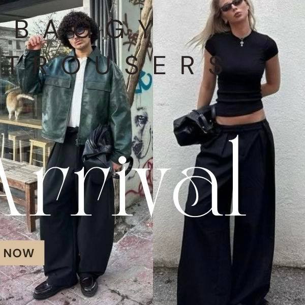 BERSHKA กางเกงขายาวทรงหลวม SUPER BAGGY TAILORED TROUSERS สีดำ