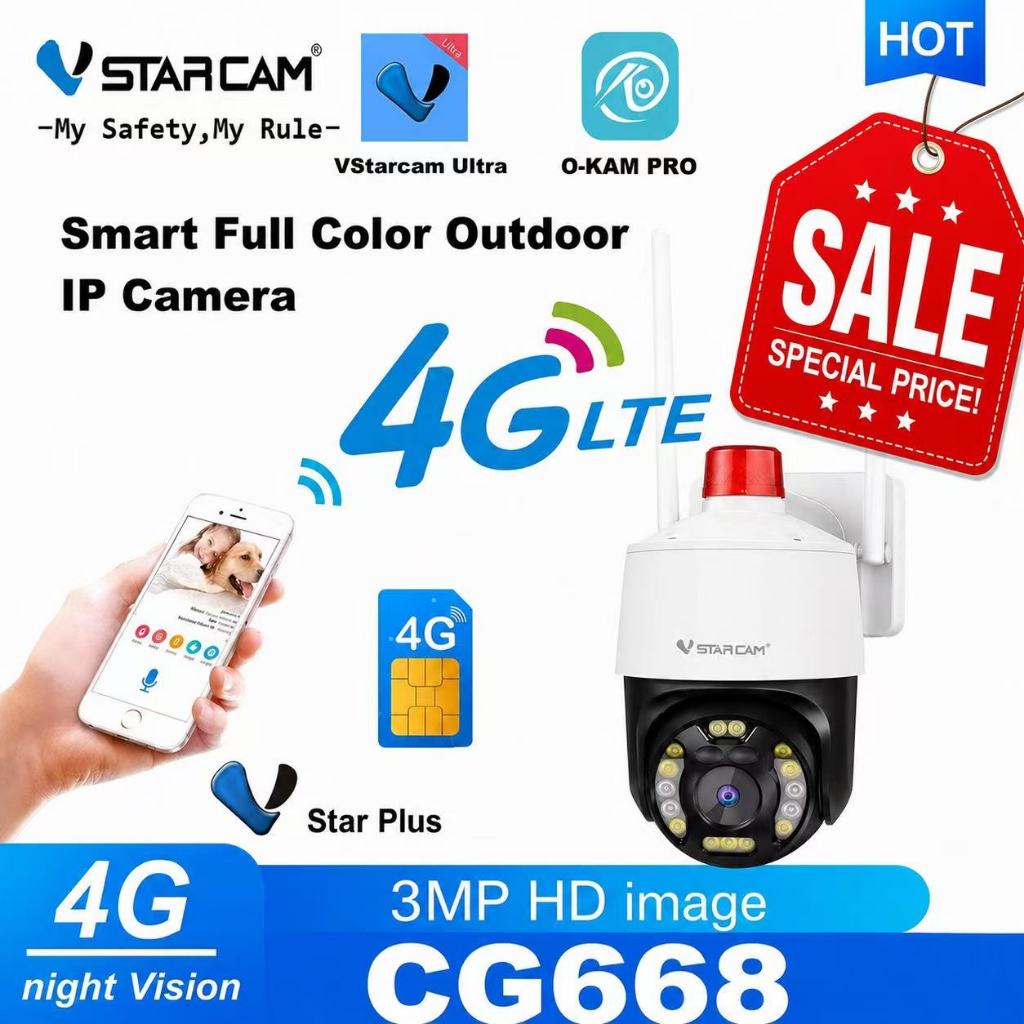 **SALE** Vstarcam CG668 ( ใส่ซิมได้ 4G ) ความละเอียด 3.0MP(1296P) กล้องวงจรปิดไร้สาย Outdoor ภาพสี มีAI+ สัญญาณเตือน
