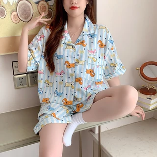 🍒ชุดนอนผู้หญิง บิ๊กไซส์ ผ้าซาตินญี่ปุ่น สไตล์เกาหลี ลายเมฆ แขนสั้นขาสั้น ผ้านุ่มลื่น ใส่สบาย ส่งด่วน