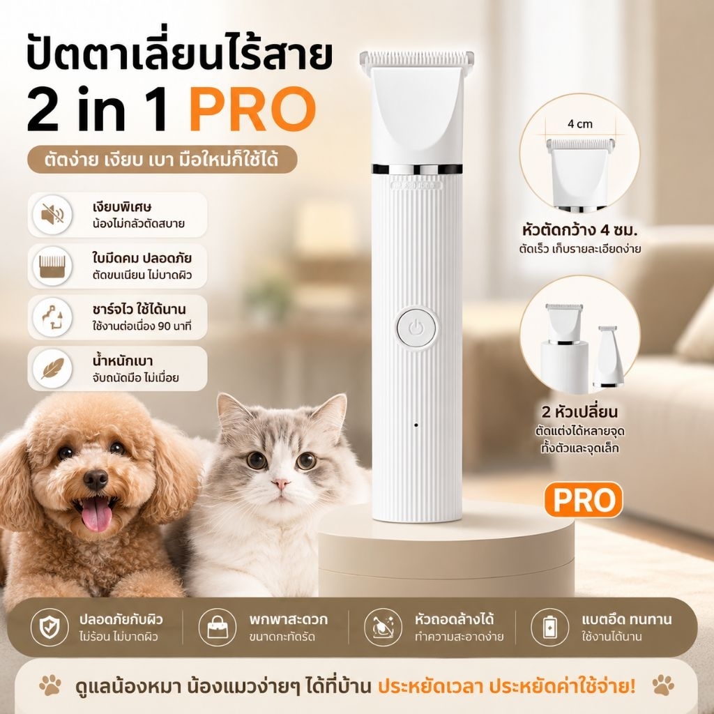 ปัตตาเลี่ยนตัดขนสัตว์เลี้ยง Trimmer Pet Hair Clipper 2in1 PRO สำหรับแมว สุนัข
