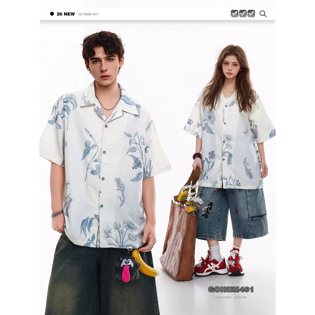 ✨Z.YOOO✨ เสื้อเชิ้ตแขนสั้น ชุดคู่รัก ไม่ต้องรีด ทรงหลวม แขนสั้น ระบายความร้อนได้ยอดเยี่ยม ใส่สบาย เสื้อ ชายหาดฤดูร้อน