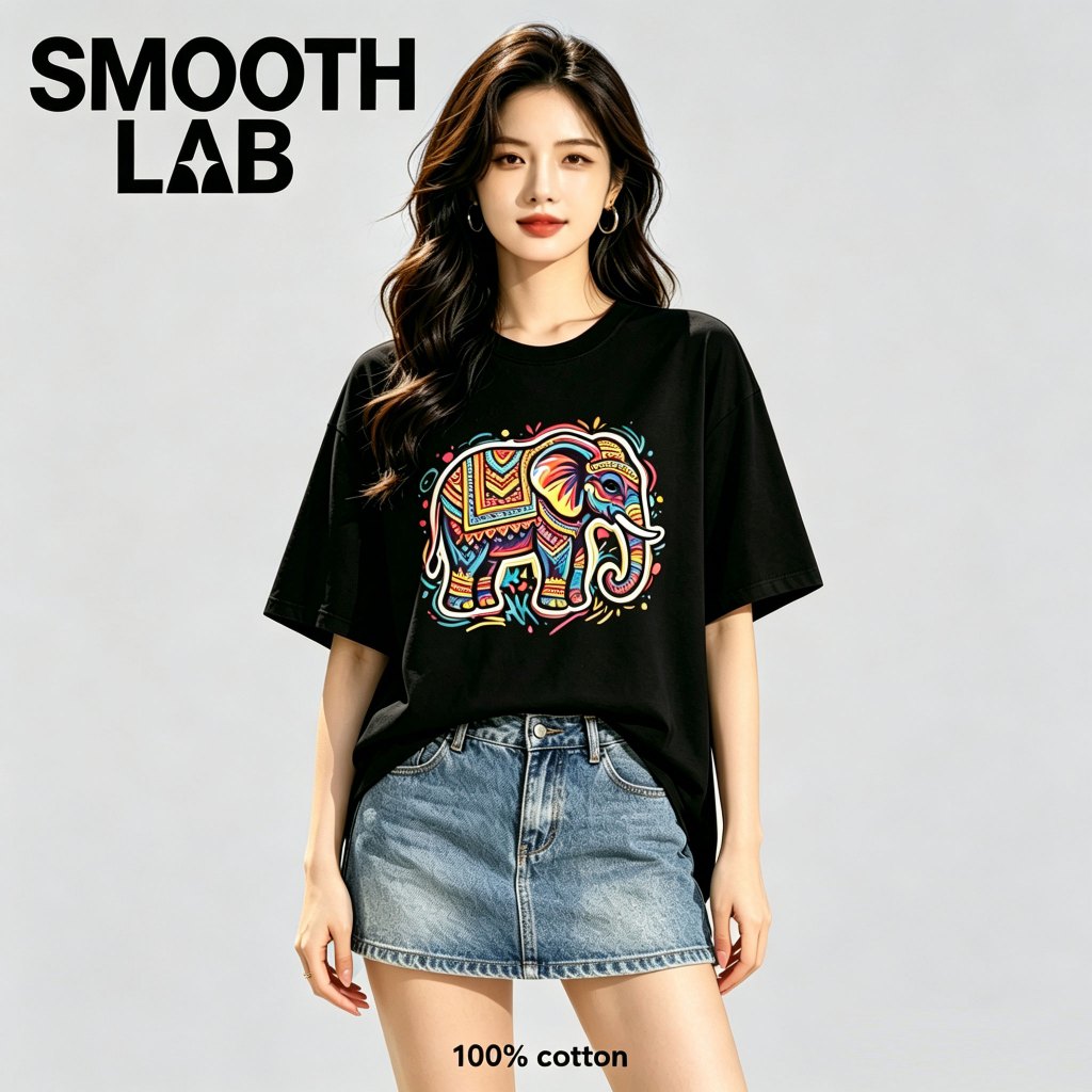 โรงงานผลิตของตนเอง เสื้อยืดผู้ชาย ลายช้างไทยสีสด สไตล์สตรีท 100% คอตตอน Oversize Ready Stock