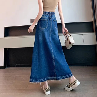 Plus Size~กระโปรงยาว MIDI กระโปรงเอทรง A สูงเอวเดนิม กระโปรงยาวลำลองทรงหลวมแฟชั่นสีน้ำเงินเข้ม กระโปรงสำนักงาน HOT