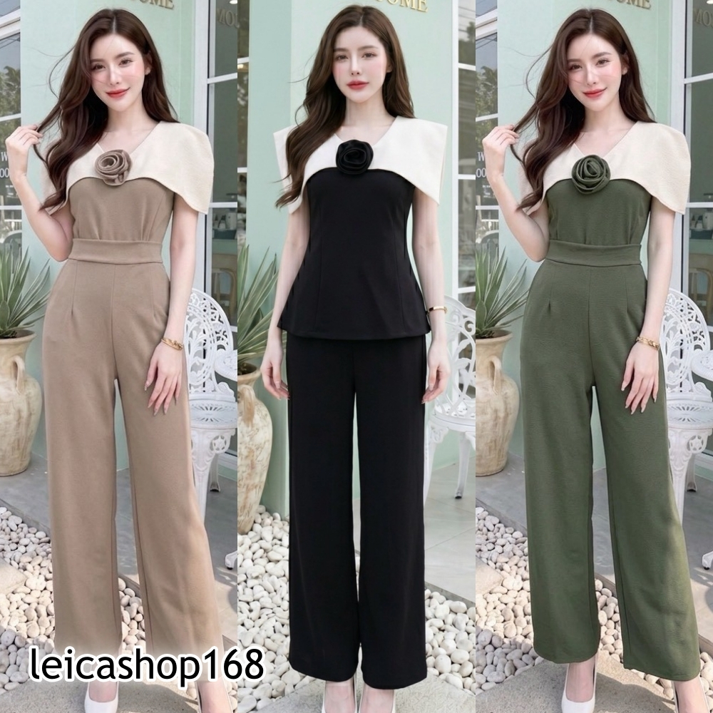 สินค้าพร้อมส่ง ชุดเซตออกงาน ผ้าวูลเวฟ เสื้อดีเทลแขนกุด คลุมไหล่ แต่งดอกกุหลาบ3D ทรงเข้ารูป ดูหรู ดูแพง+กางเกงเอวเรียบสม็