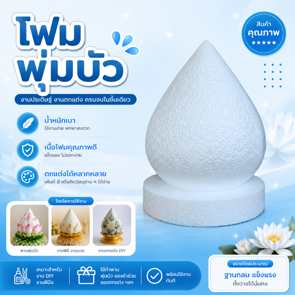 โฟมพุ่มบัว เบอร์ 4,5,6,7,8,9,10,11 โฟมพานพุ่ม โฟมทำบายศรี โฟมทำพาน โฟมพุ่ม โฟมวงกลม โฟมแผ่น แถมโฟมกระทงตามเบอร์ทุกอัน