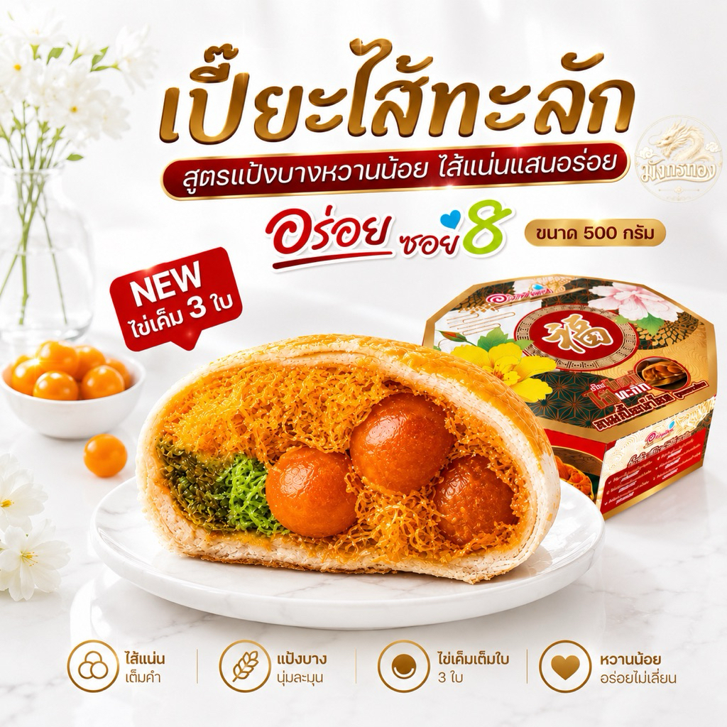 ขนมเปี๊ยะอร่อยซอย 8 รุ่นไส้ทะลัก ไส้ใหม่อร่อยแน่ หนัก 500 กรัม