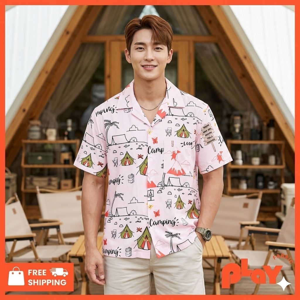 PLAY FABRIC เสื้อฮาวาย ลาย Camping ผ้าไหมอิตาลี่ พื้นสีชมพูอ่อน ใส่สบาย ระบายอากาศดี ไม่ต้องรีด
