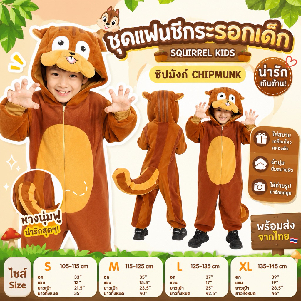 ชุดแฟนซีกระรอกเด็ก Squirrel kids ชิปมังก์ chipmunk บอดี้สูทตัวยาว ครบเซ็ท (FANCY559)