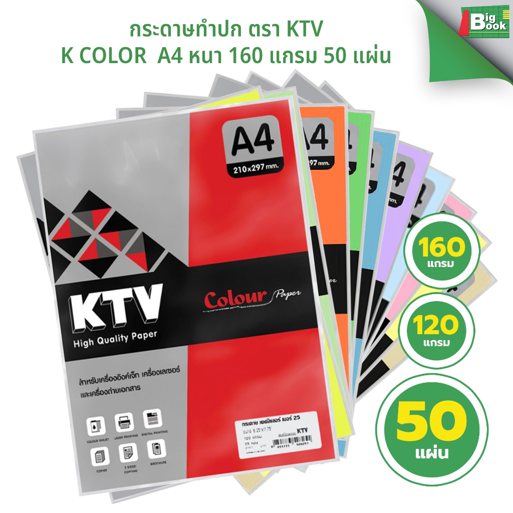 กระดาษทำปก ตรา KTV K COLOR ขนาด A4 หนา 160 แกรม 50 แผ่น ปอนด์สี Light Colour สีอ่อน พร้อมส่ง