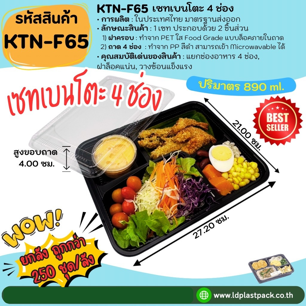 (ยกลัง 250เซท ถูกกว่า!!!) [KTN-F65]เซทเบนโตะ 4ช่อง ถาดสีดำเข้า Microwavable ได้ พร้อมฝาใส กล่องใส่อาหาร Food Grade
