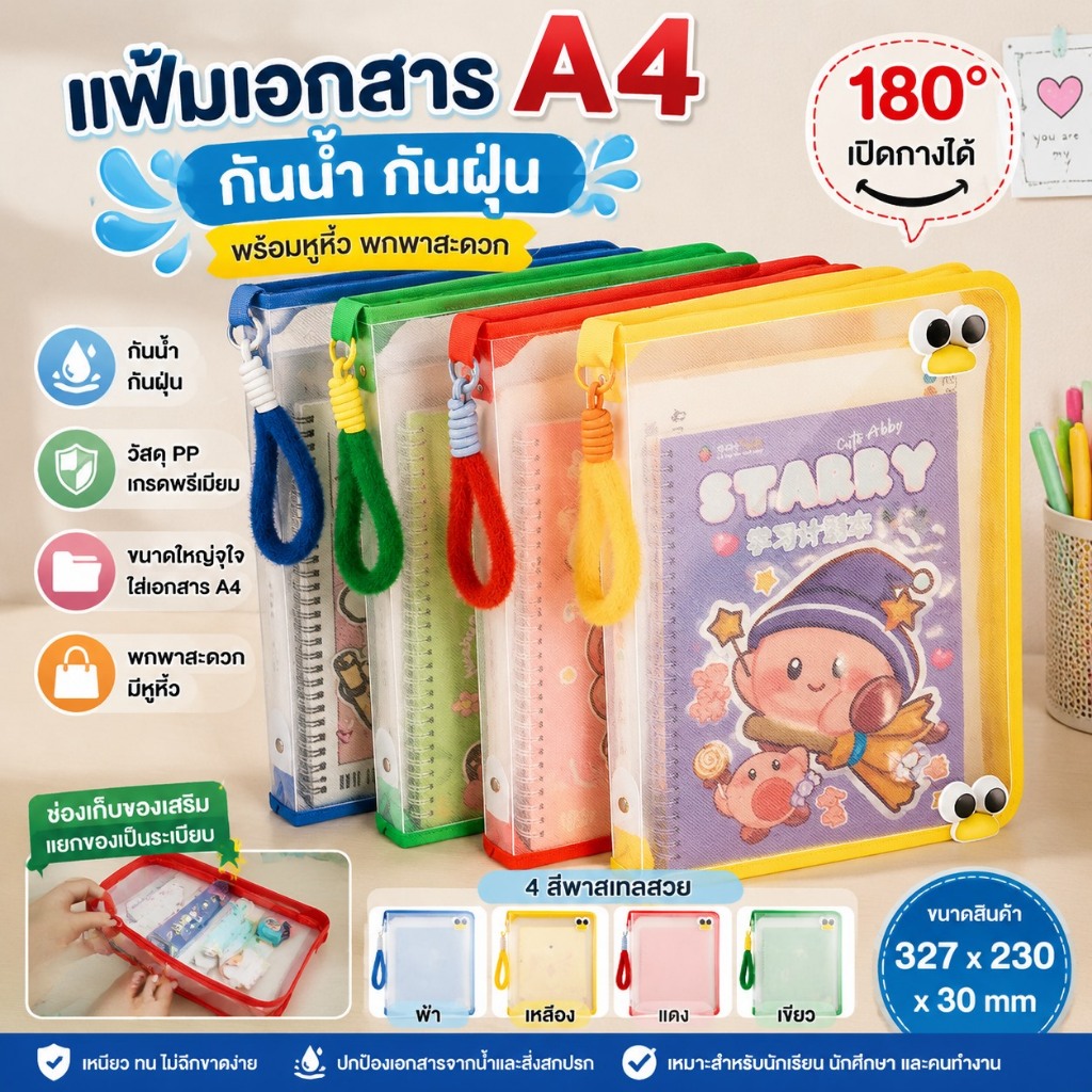 หนากว้างขึ้นใหม่ดูดี ก4 แฟ้มกระเป๋าโปร่งใสความจุขนาดใหญ่แฟ้มหนังสือจิปาถะถุงเก็บซิปกระเป๋า