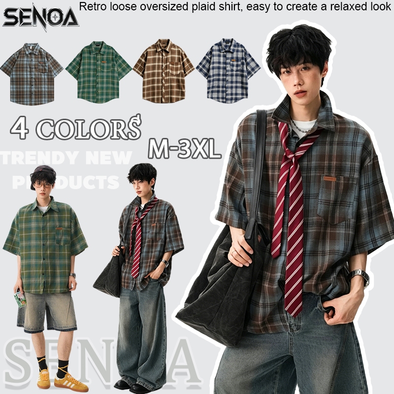 💐SENOA✨สําหรับผู้ชาย เสื้อเชิ้ตลายสก็อตหลวมๆ M-3XL Unisex เสื้อเชิ้ตแขนสั้นลําลอง ผ้านุ่ม แฟชั่นฤดูร้อน สไตล์เกาหลี