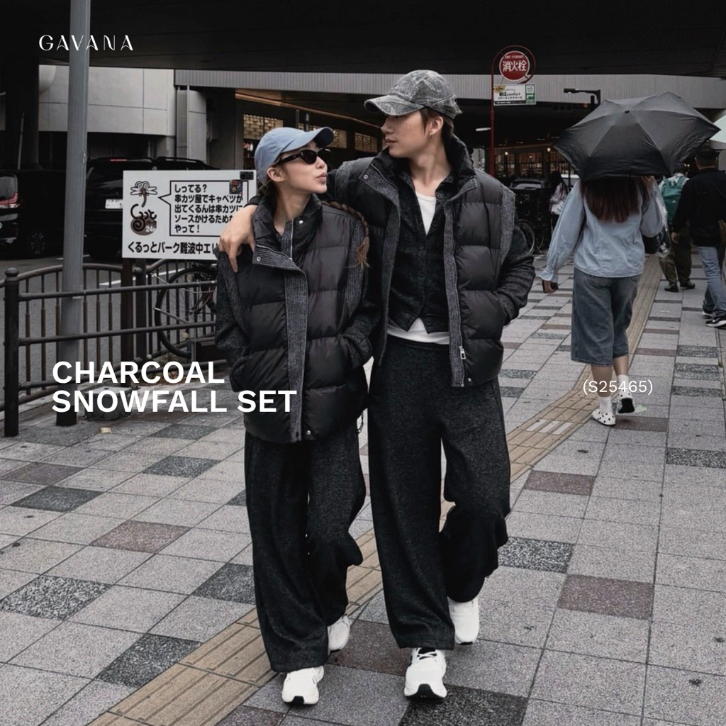 GAVANA - Charcoal Snowfall Set ทริปหนาวต้องมี!❄️ (Set3ชิ้น เสื้อกั๊กบุขน+เสื้อแขนยาว+กางเกง) #S25465