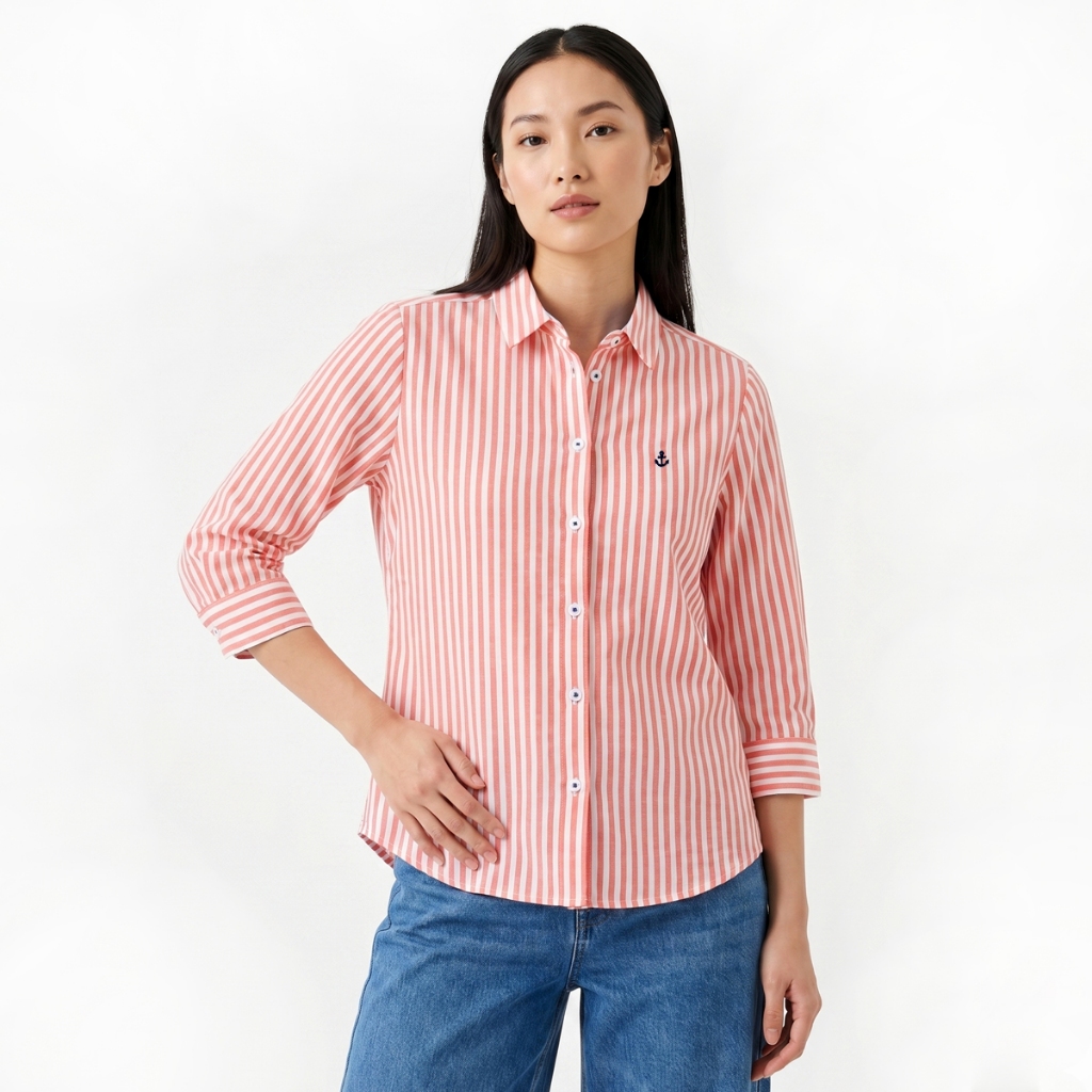 * One Price * PORTLAND เสื้อเชิ้ต แขนยาว คอปก ลายทาง แขนยาว สีส้ม 3/4 Sleeve Striped Shirt (Orange)