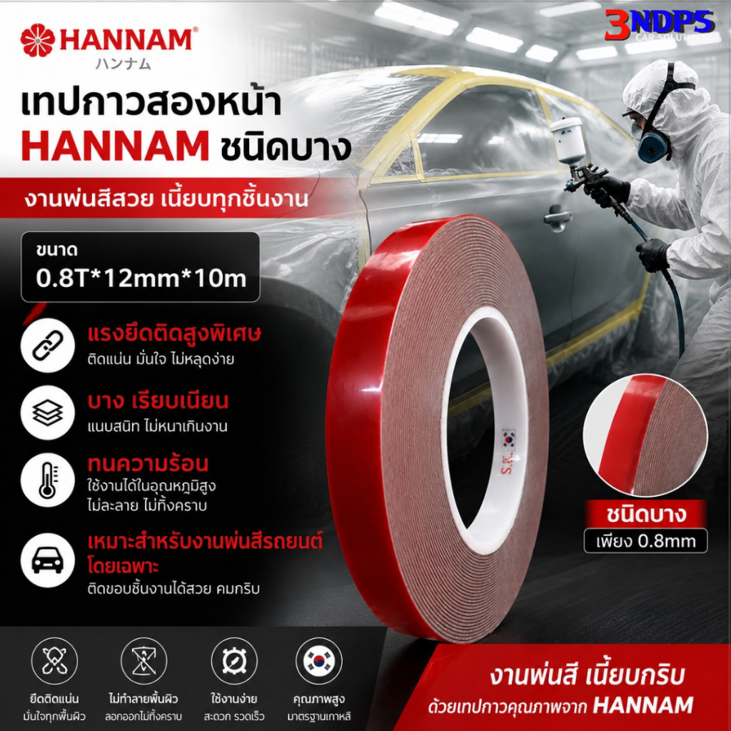 HANNAM เทปกาวสองหน้าชนิดบาง สำหรับใช้ตกเเต่งรถยนต์ทั่วไป เเรงยึดติดสูงพิเศษ
