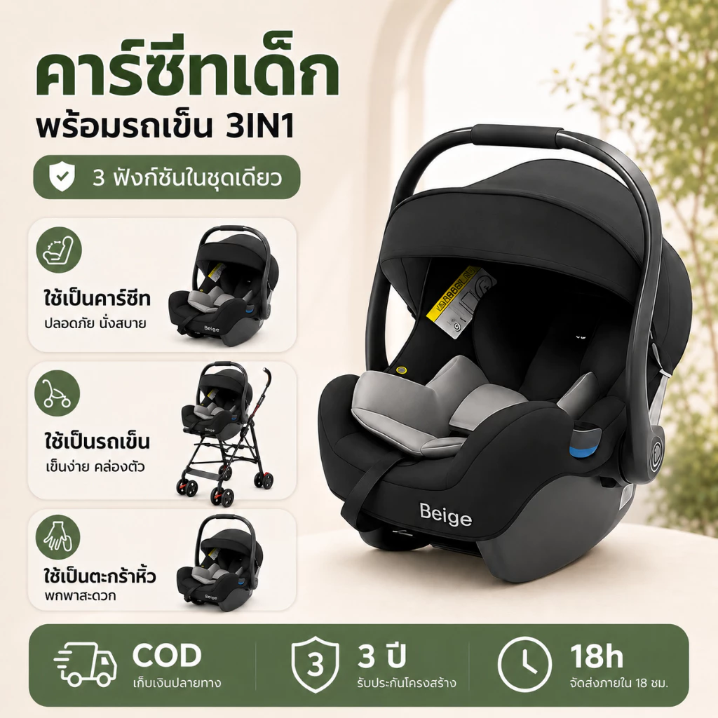 Beige คาร์ซีทเด็ก คาร์ซีทกระเช้า คาร์ซีท เด็กแรกเกิด หิ้วได้ พกพาง่าย เบาะรถยนต์เด็ก 0-15 เดือน