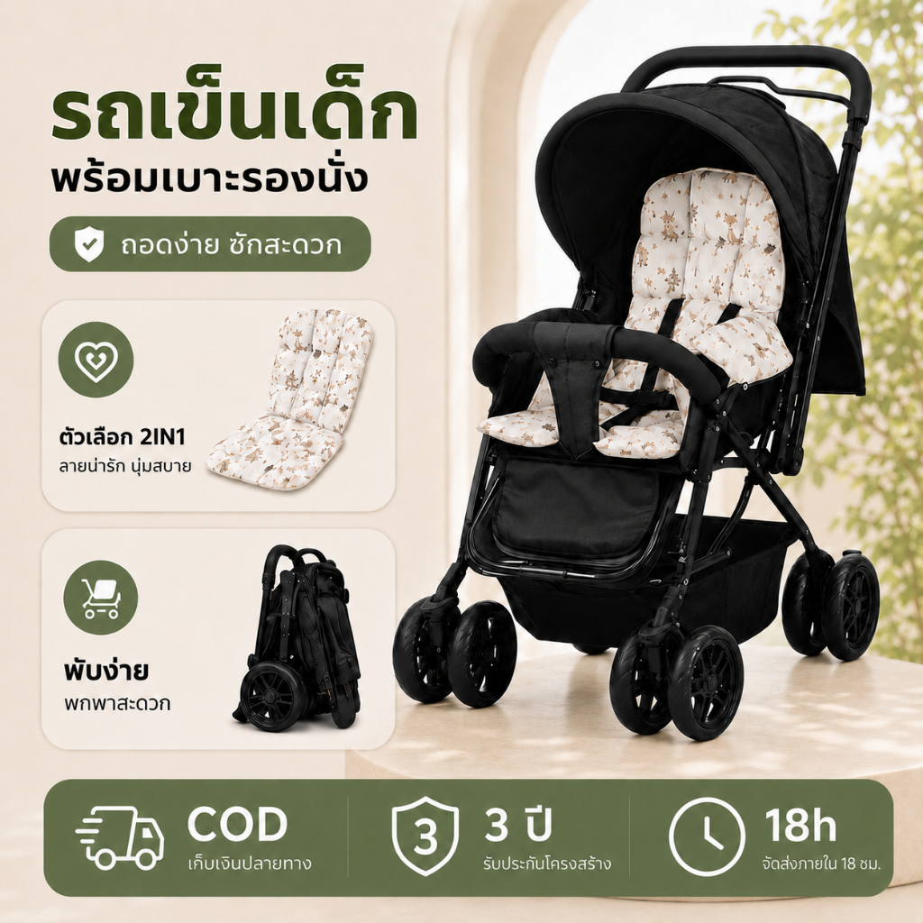 Beige รถเข็นเด็ก พับได้ พร้อมเบรก ความสะดวกในการพกพา เบาะนั่งแบบปรับได้ เหมาะสําหรับเด็กอายุ 0-4 ปี