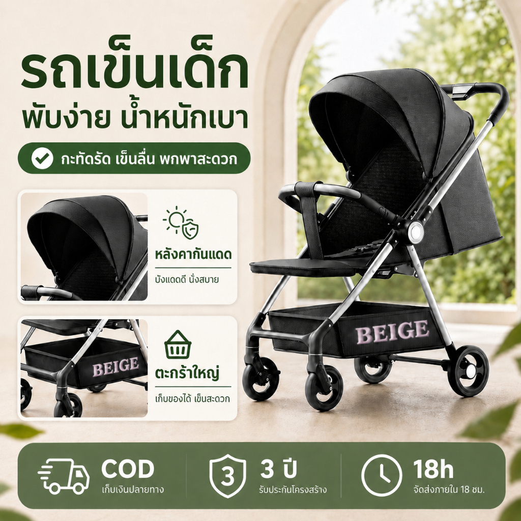 Beige รถเข็นเด็ก พร้อมเบรก พร้อมจานอาหาร น้ําหนักเบา พับได้ เบาะนั่งแบบปรับได้ เหมาะเด็ก0-6ปี