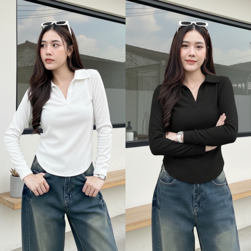 SpinnyHouse เสื้อแขนยาว เสื้อคอปก เสื้อกันหนาว พร้อมส่ง สาวอวบใส่ได้ ผ้าร่องยืด ยืดตามตัว รุ่น ปกดาว