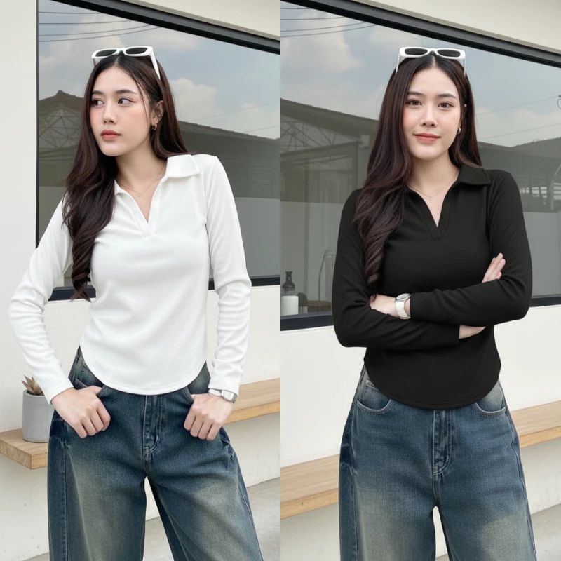 SpinnyHouse เสื้อแขนยาว เสื้อคอปก เสื้อกันหนาว พร้อมส่ง สาวอวบใส่ได้ ผ้าร่องยืด ยืดตามตัว รุ่น ปกดาว