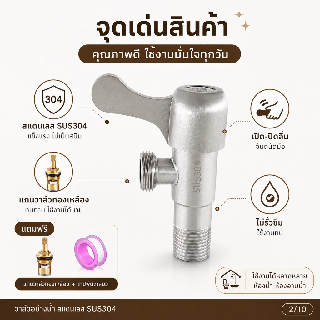 GRACEวาล์วน้ำสแตนเลส304 คุณภาพสูง เหมาะสำหรับก๊อกฝักบัวมาตรฐาน